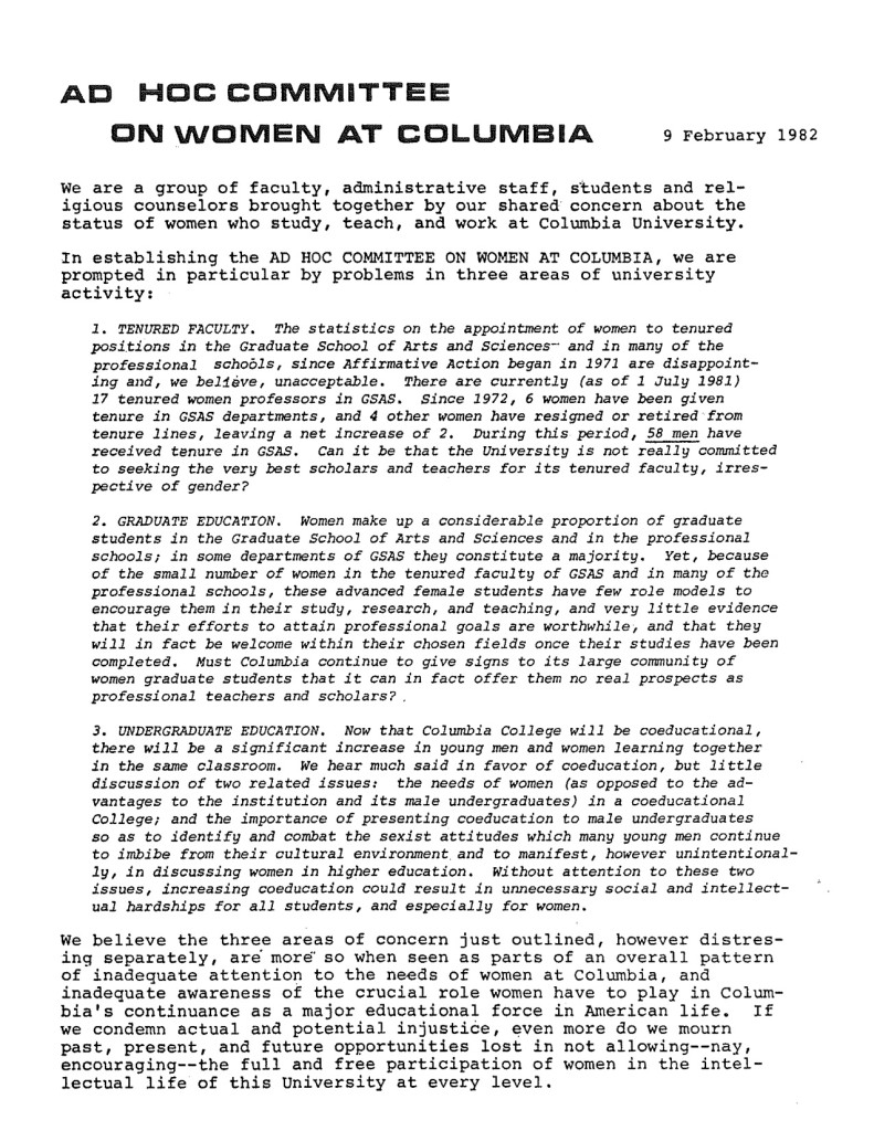 1982 Ad Hoc Committee on Women at Columbia Demands