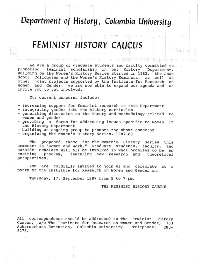 1987 Feminist History Caucus concerns